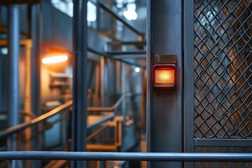 A close-up view of a glowing red light indicator on a metallic structure, surrounded by industrial architecture and intricate railings. The atmosphere conveys a sense of alertness.