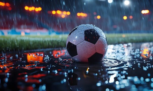 A close-up shot of a soccer ball resting on a rainy pitch, surrounded by puddles. The atmosphere is vibrant, capturing the essence of outdoor sports even in wet conditions.