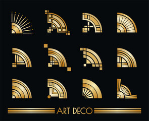 Elegant retro geometric decorative elements. Art Deco metallic golden corner set design.