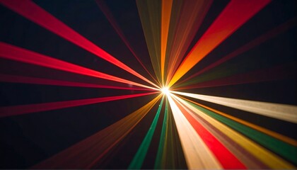 Vibrant laser beams radiate outward from a central point, creating a dynamic and colorful display against a dark background.