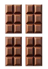 Four bars of milk chocolate, top-down view.  Each bar is divided into a grid of squares.  Rich brown color.  Glossy texture.  Appears to be a close-up