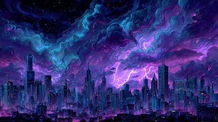Cityscape skyline with lightning storm purple clouds and buildings wallpaper art