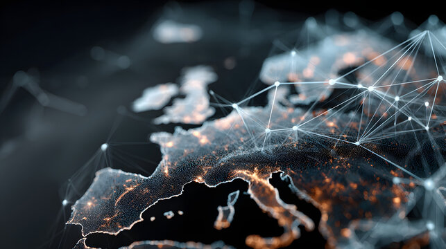 Communication technology with global internet networ connected in Europe Telecmmunication and data transer european connection lins IoT finance business blokchain security : Generatie AI
