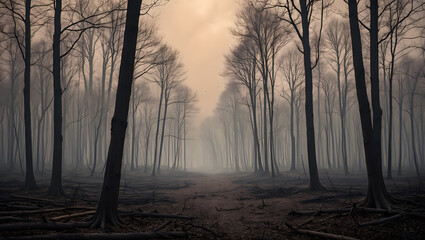 Fototapeta premium Foggy forest with a path through the trees creating a spooky and mysterious atmosphere