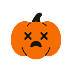 Vector orange pumpkin clipart with sad and crossed eyes face isolated on white. Funny and expressive halloween autumn element.