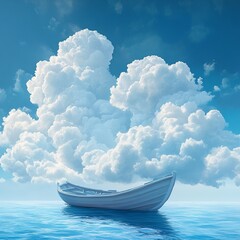 Realistic cloud in the shape of a sailing boat under a vibrant blue sky, with sunlight highlighting edges, gentle shadows, and peaceful mood.