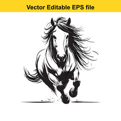 Black and white illustration of a galloping horse isolated on white background