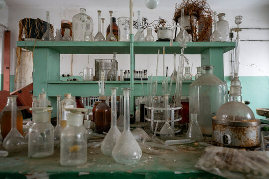Old Ruined Abandoned Agricultural Farming and Animal Research Laboratory with Equipment