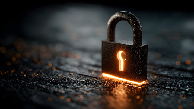 A glowing lock symbol on a digital background, repreenting cybersecurity and dta protection in a futurisic technology environment.