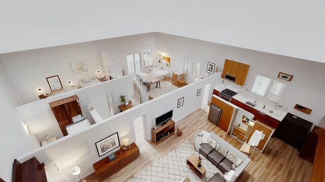 Modern apartment floor plan showing living room, kitchen, and bedrooms