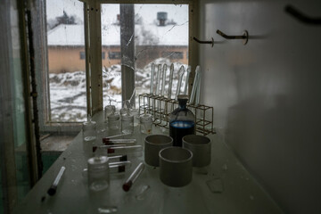 Old Ruined Abandoned Agricultural Farming and Animal Research Laboratory with Equipment