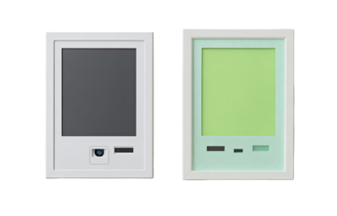 Two rectangular devices, one white, one mint green, each with a screen and a small slot