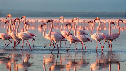 Obraz premium Flock of flamingos gathered together in shallow wetlands, soft pink feathers glowing under natural sunlight, reflections in rippling water
