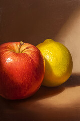 Still life Red apple and lemon on brown background