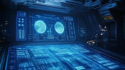 Futuristic spaceship control room monitoring planets - Powered by Adobe