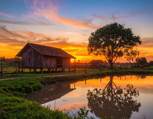 Fototapeta premium Sunset over Rural Houses and Pond