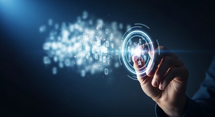 Data clustering and segmentation concept. A hand draws a circle of light to group a specific data cluster within a holographic cloud.