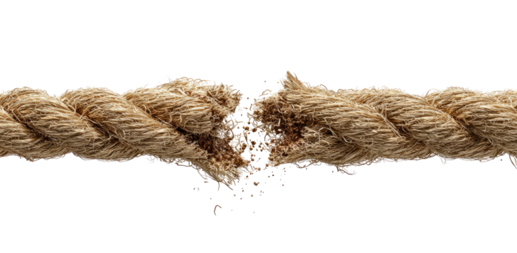 A light beige rope is breaking apart, with fibers flying