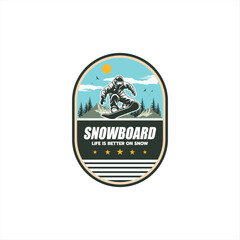 design with snowboarder and mountain silhouette.