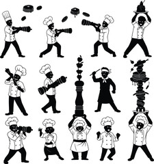 Chef Silhouettes – Cooking, Chef with Pepper Grinder, Pancake Toss, Serving Food, Cooking Action, Culinary Characters, Kitchen Fun Illustrations