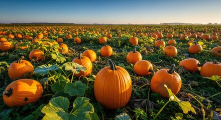 A vast pumpkin field under a clear sky at sunrise, showcasing a multitude of ripe pumpkins amidst lush green vines and leaves, perfect for autumn themes and agricultural landscapes .