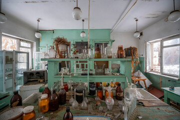 Old Ruined Abandoned Agricultural Farming and Animal Research Laboratory with Equipment