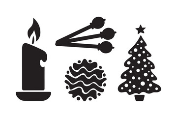 Black silhouette icons of christmas and candle elements