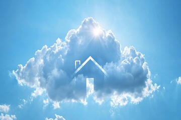 Realistic house-shaped cloud drifting in a vibrant blue sky, with crisp airy appearance, intricate details, and sunshine creating subtle glows.