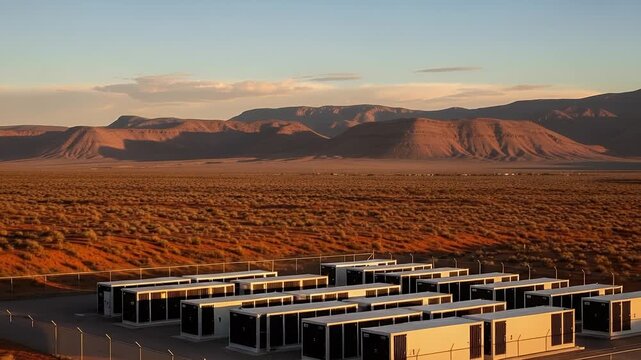 Renewable Energy Storage Facility at Sunset: A landscape of progress, showcasing a cutting-edge energy storage facility nestled in the embrace of a stunning sunset over a desert environment.