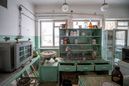 Old Ruined Abandoned Agricultural Farming and Animal Research Laboratory with Equipment