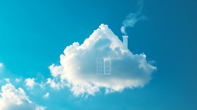 Realistic house-shaped cloud drifting in a vibrant blue sky, with crisp airy appearance, intricate details, and sunshine creating subtle glows.