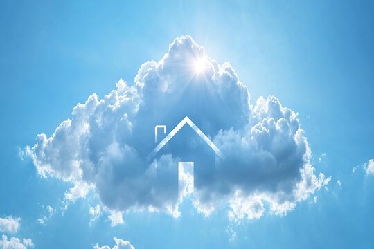 Realistic house-shaped cloud drifting in a vibrant blue sky, with crisp airy appearance, intricate details, and sunshine creating subtle glows.