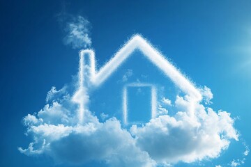 Realistic house-shaped cloud drifting in a vibrant blue sky, with crisp airy appearance, intricate details, and sunshine creating subtle glows.