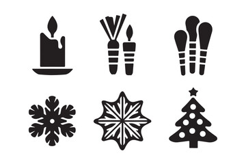 Black and white holiday icons including candles snowflakes and a christmas tree