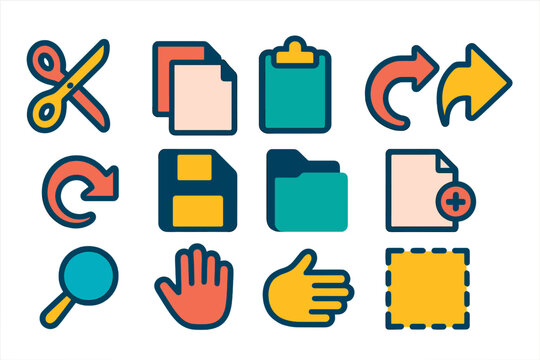 Bold Editing Icons. Flat vector icons of keyboard shortcuts for editing: cut (scissors), copy (double file), paste (clipboard),