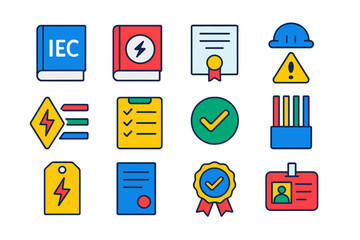 Flat Electrical Icons. Flat vector icons of electrical standards and codes: IEC book, NEC codebook, compliance certificate, safety