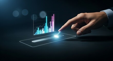 Interactive dashboard and BI concept. An executive's finger adjusts a slider on a minimal holographic dashboard, causing a bar chart to change in real-time.
