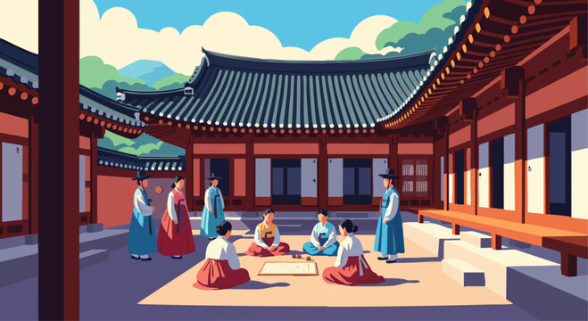 Playing 'Yut Nori' in a Traditional Hanok Courtyard