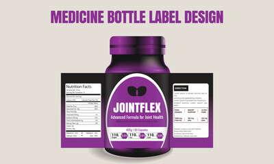 Supplement or medicine bottle label design , showing nutrition facts, dosage directions, and branding for healthcare packaging.