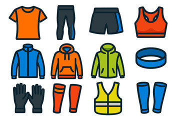Vibrant Running Gear. Flat vector icons of running clothes: moisture-wicking shirt, compression tights, running shorts, sports bra