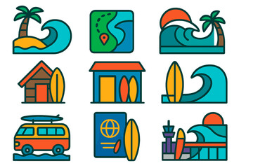 Fototapeta premium Surf Destination Icons. Flat vector icons of surf destinations: tropical island wave, reef break map, famous point break, surf