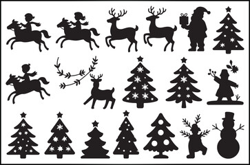 Festive black and white Christmas scene featuring Santa on a sleigh, snow-covered cottage, pine trees, reindeer, snowflakes, and “Merry Christmas”