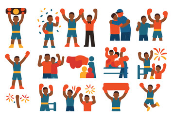 Fototapeta premium Boxing Victory Icons. Flat vector icons of boxing celebration and victory: belt raise, confetti fall, hand lift, coach hug, team