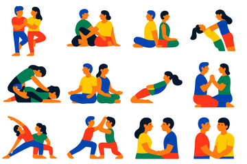 Partner Yoga Icons. Flat vector icons of partner yoga: double tree pose, partner twist, seated fold, back-to-back meditation, leg