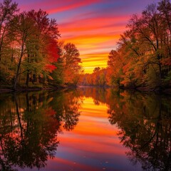Obraz premium A breathtaking autumn landscape featuring a serene river reflecting the vibrant colors of the trees and a stunning sunset sky, creating a picturesque and tranquil scene of natural beauty