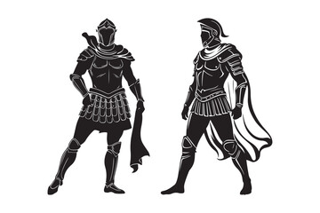 Two silhouetted warriors in ancient armor standing ready