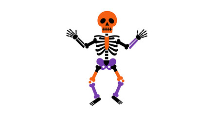 Obraz premium Stylized cartoon skeleton figure with festive orange and purple accents