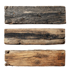 Three weathered wooden planks, top-down view.  Each plank displays a unique pattern of dark and light brown tones, showing signs of age and use.  The planks are rectangular and stacked vertically