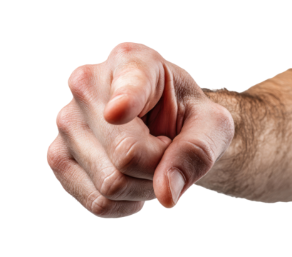 Close-up of a hand pointing directly forward.  The hand is light-skinned, with visible details of finger joints and skin texture.  A direct, accusatory gesture