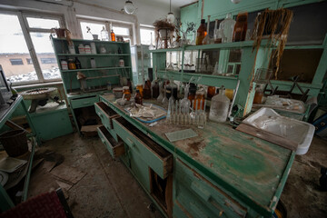 Old Ruined Abandoned Agricultural Farming and Animal Research Laboratory with Equipment